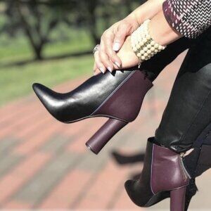 Cabi 8 BISSET Booties Two Tone Chunky Heels Plum Black Leather Boots Colorblock